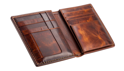 Open, new, brown leather wallet showing card slots and compartments