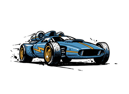 Jet Powered Hot Rod Vector.Blue Racing Car Illustration.Retro Speed Vehicle Art.Fast Comic Style Dragster.Extreme Sports Automobile
