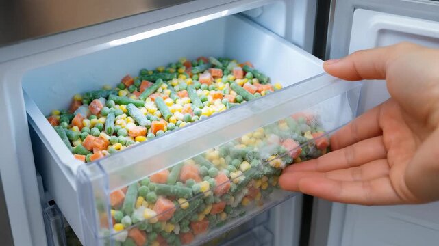 Frozen vegetables in freezer drawer