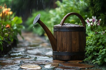 A charming wooden watering can resting casually on a garden stone surface