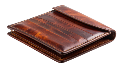 Angled shot of a closed brown leather bifold wallet with visible stitching