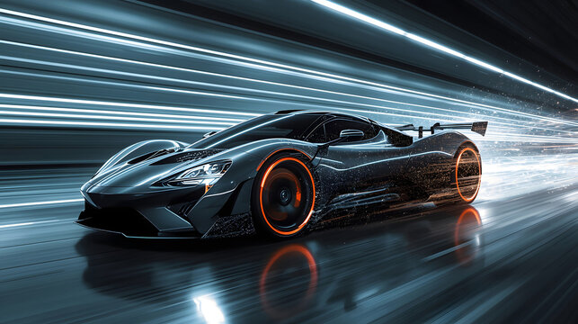 Dynamic sports vehicle streaks through an illuminated future tunnel with speed blur