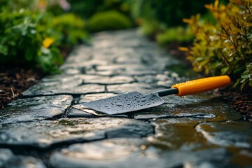 A shiny garden trowel set on a stone surface in the garden