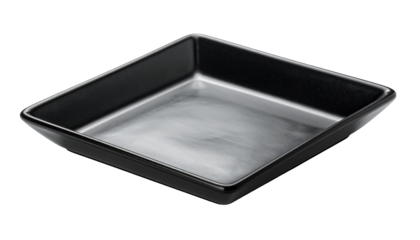Empty square baking dish with black sides and a reflective silver interior