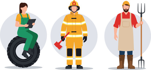 Professional workers illustration set, mechanic firefighter farmer characters, different occupations, safety uniform people, flat design vector, isolated background