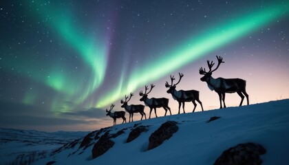 Fototapeta premium Reindeer Northern Lights Green From