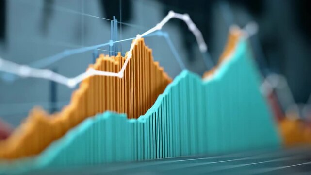 Colorful 3d graph displaying financial market trends with data points
