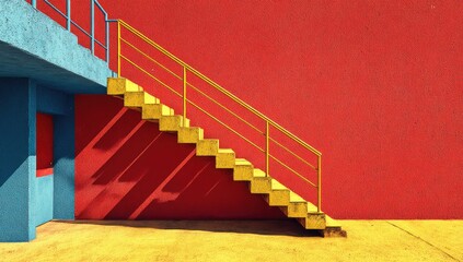 Exterior staircase leading up a vibrant red wall