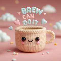Cute knitted coffee mug with smiling face and motivational pun text brew can do it in pastel setting