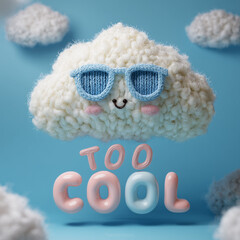 Knitted cloud character with sunglasses and too cool text in pastel soft sculpture style