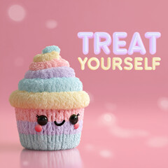 Smiling pastel crochet cupcake with kawaii face and treat yourself quote on soft pink background