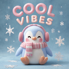 Cute winter penguin plush toy with scarf and earmuffs surrounded by snowflakes and cool vibes text