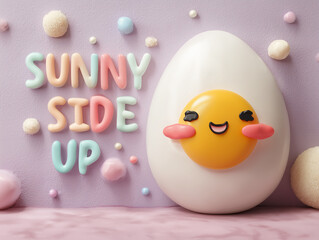 Cute sunny side up egg character with smiling face and pastel text in playful food pun concept