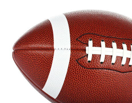 Close-up of a brown and white oval-shaped ball with detailed stitching and texture
