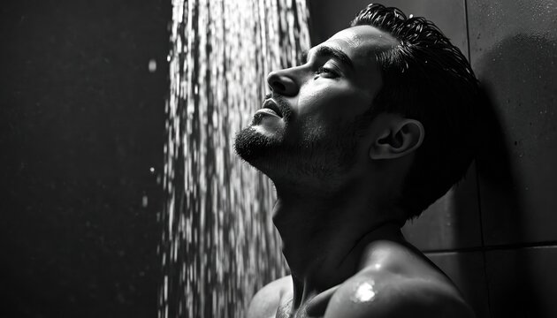 Man receives refreshing shower under falling water drops. He tilts head back, eyes closed in calm, enjoying cleansing water, part of daily care routine.