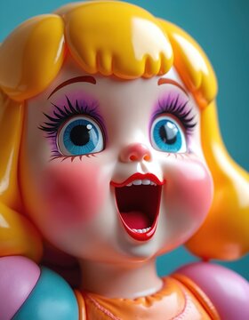 Close-up of a cheerful retro inflatable doll with bright yellow hair and big blue eyes. Its mouth is open wide in a joyful laugh with red lips and visible white teeth.