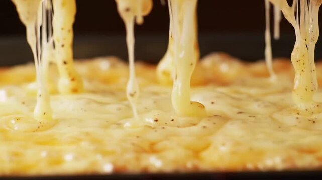 Close-up static of bubbling cheese under a broiler