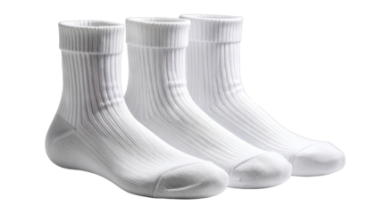 Three white ribbed athletic socks in a row, isolated on a black background