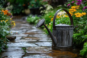 An old-fashioned wooden watering can set upon a stone path in the garden