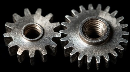 Interlocking metal gears isolated on black background, texture, components.