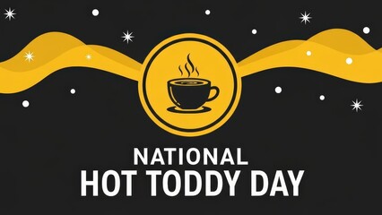 National Hot Toddy Day graphic with steaming cup of coffee on black background