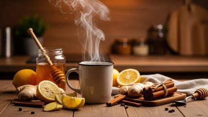 Steaming mug of tea with honey, lemons, ginger, and cinnamon on wooden table