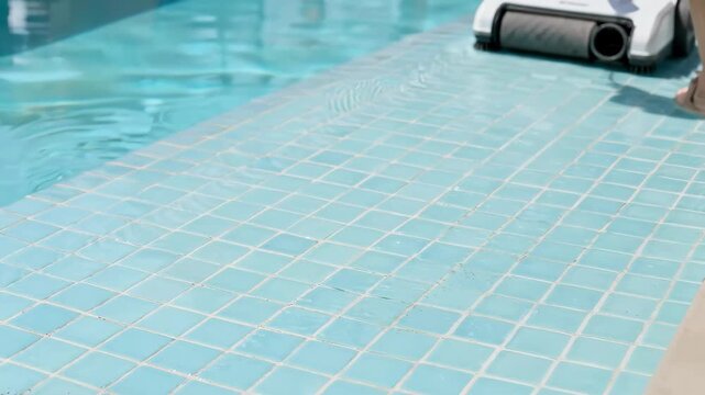 Closeup medium shot of an automated vacuumbased pool cleaning system suctioning dirt from the pool floor against calm water.