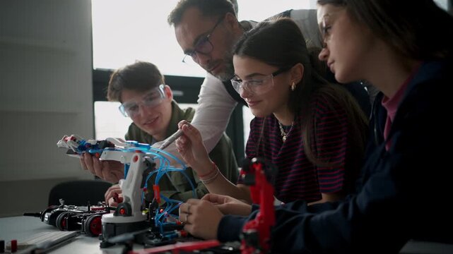 High school students working on robotics project with their teacher.
