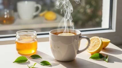 Steaming cup of tea with honey and lemon on a table by the window