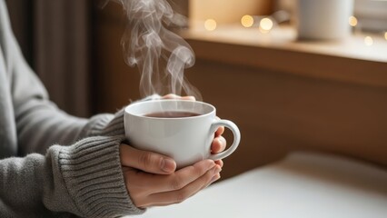 Person holding a steaming cup of hot beverage by a window