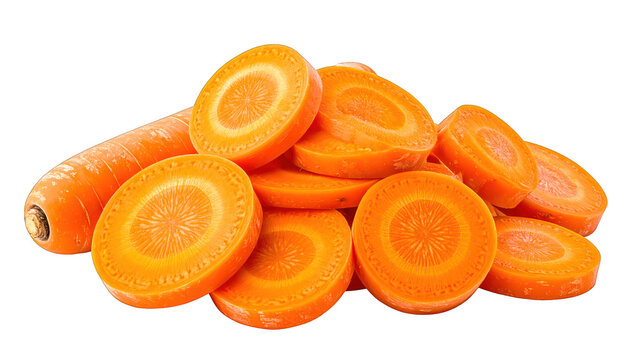 Heap of carrot slices alongside a whole carrot. Bright orange against black