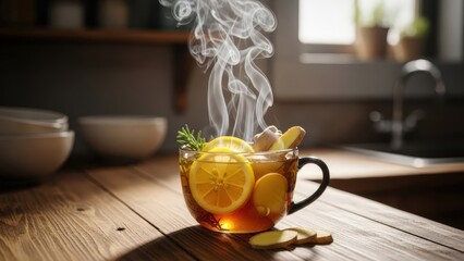 Steaming cup of lemon ginger tea on wooden kitchen countertop