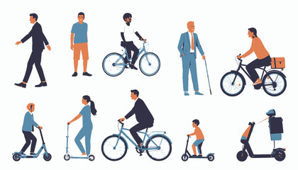 Naklejka premium A collection of illustrations showing people in various transportation, using bikes, scooters, and walking