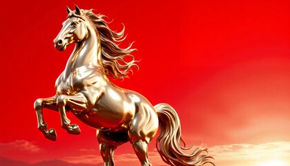 Golden Horse Sculpture Against Vibrant Red Sky at Dusk