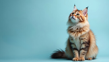 Fluffy Norwegian Forest cat sits patiently on a plain baby blue backdrop. This gorgeous animal looks up expectantly, with ample copy space for text. Perfect for pet related content.