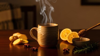 Steaming mug of tea with honey, ginger, lemon, and herbs on a wooden table