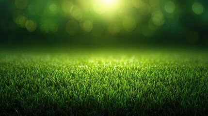 Naklejka premium Lush green grass field illuminated by soft sunlight, creating a serene atmosphere with bokeh effect in the background, ideal for nature-themed designs and peaceful settings