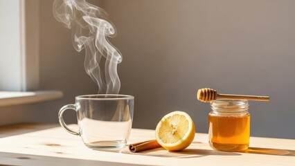 Steaming cup of water with lemon, honey, and cinnamon on a wooden table