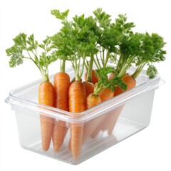 Freshly Harvested Carrots with Green Tops in Clear Plastic Container, Perfect for Healthy Cooking and Nutrition