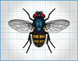 Detailed illustration of a housefly with vibrant colors, depicted on graph paper