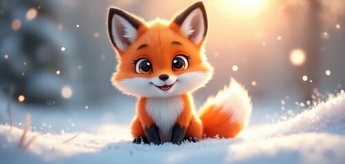 Obraz premium Cute cartoon fox sits in snowy forest during winter. Fluffy orange animal has big eyes and bushy tail, looking happy. Soft light illuminates the scene, creating magical atmosphere.