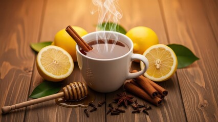Steaming cup of tea with cinnamon, honey, and lemons on wooden table