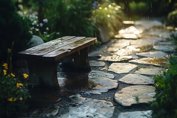 A charming rustic bench positioned atop a verdant garden lawn