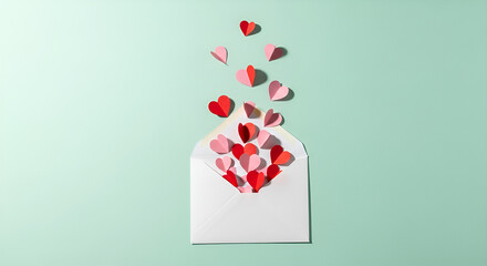 Paper Hearts Flying Out of White Envelope on Mint Background
