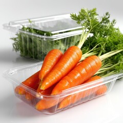 Fresh and Organic Carrots Displayed in Plastic Containers with Green Leaves and Herb Background