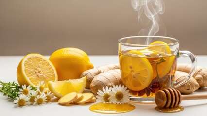 Steaming cup of lemon ginger tea with honey on a white background