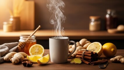 Steaming mug of tea with lemon, ginger, and honey on a wooden table