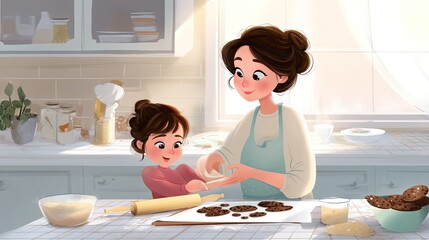 A Heartwarming Moment of a Mother and Daughter Baking Cookies Together in a Cozy Kitchen Setting