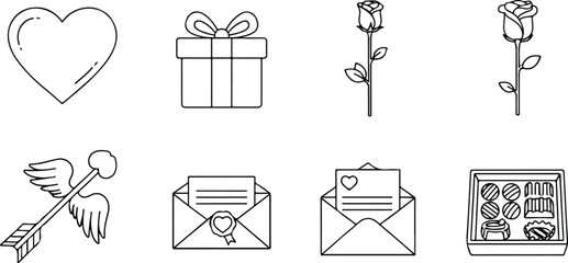 Valentine&rsquo;s Day Minimalist Outline Icon Set with Hearts, Gifts, Roses, and Love Symbols