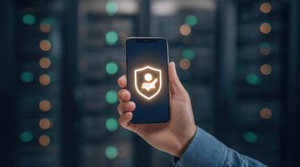 Secure mobile authentication shield icon glowing smartphone held by male hand data center environment, confident protection